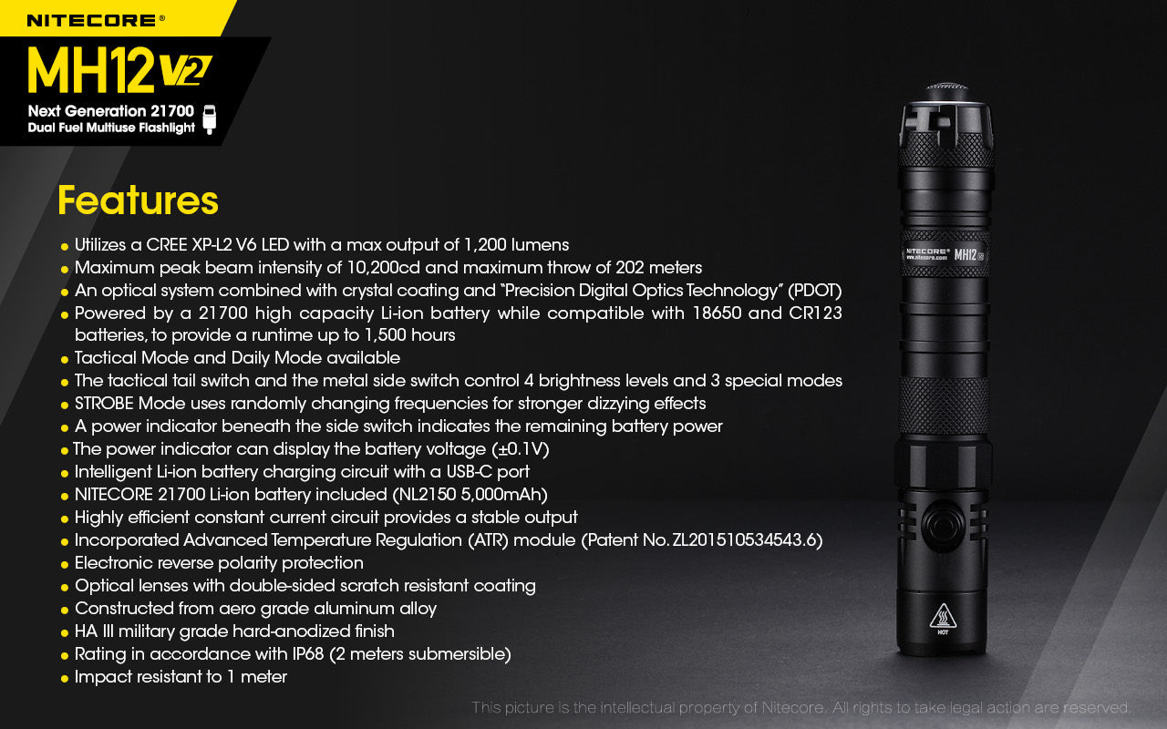 MH12 v2 1200 Lumen USB-C Rechargeable Tactical Flashlight