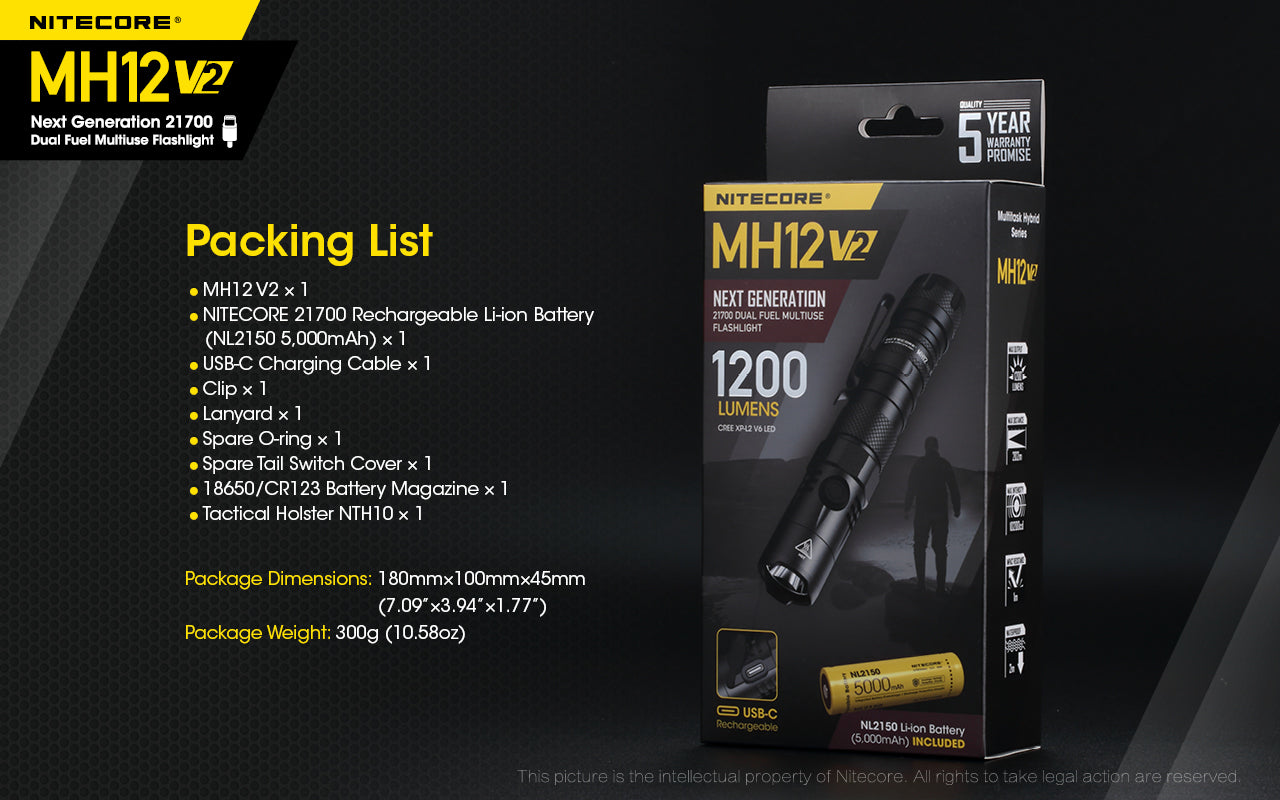 MH12 v2 1200 Lumen USB-C Rechargeable Tactical Flashlight